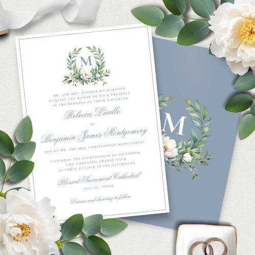 Formal Elegant Blue Floral Crest Monogram Wedding Invitation