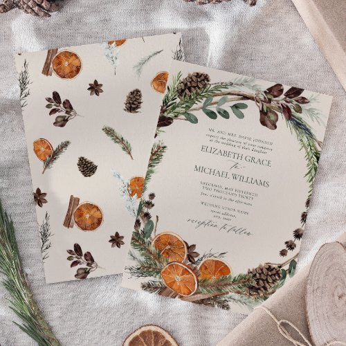 Formal Elegant Boho Greenery Citrus Winter Wedding Invitation