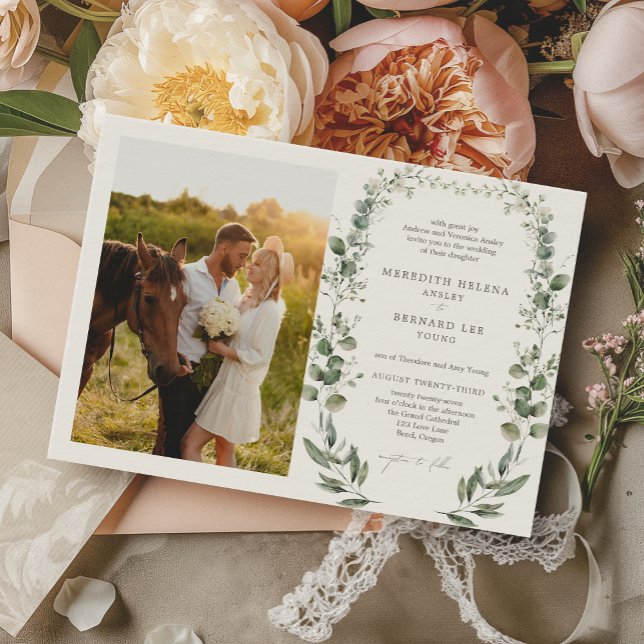 Formal Elegant Botanical Wedding Photo Horizontal Invitation (Creator Uploaded)