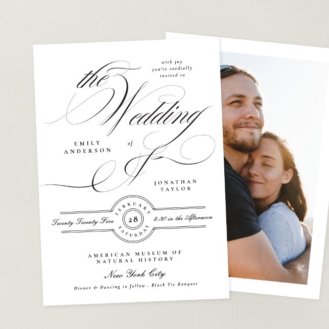 Formal Elegant Calligraphy Black Tie Photo Wedding Invitation (Creator Uploaded)
