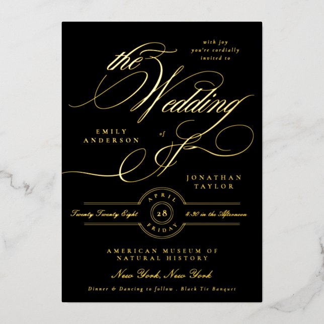 Formal Elegant Calligraphy Black Tie Wedding Foil Invitation (Front)