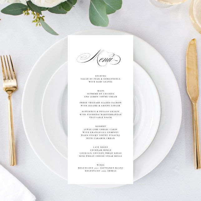 Formal Elegant Calligraphy Black Tie Wedding Menu (Creator Uploaded)