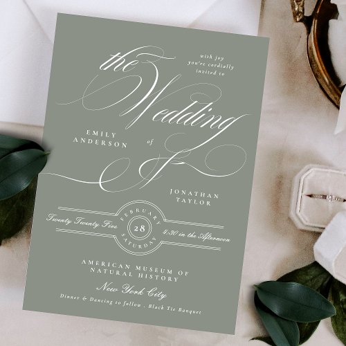 Formal Elegant Calligraphy Gray Green Wedding Invitation