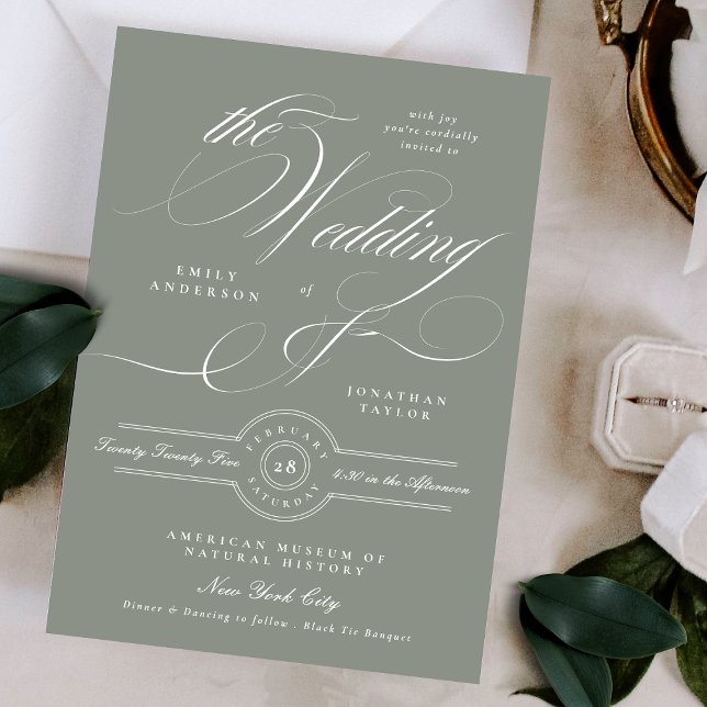 Formal Elegant Calligraphy Gray Green Wedding Invitation (Creator Uploaded)