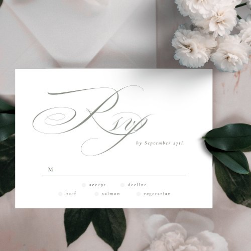 Formal Elegant Calligraphy Gray Green Wedding RSVP Card