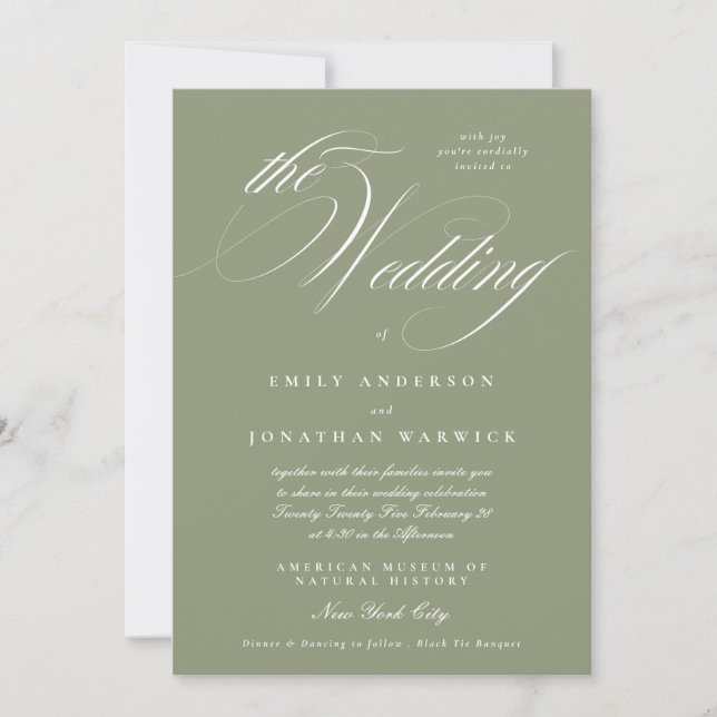 Formal Elegant Calligraphy Sage Green The Wedding Invitation (Front)