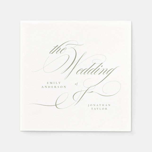 Formal Elegant Calligraphy Sage Green Wedding Napkins (Front)
