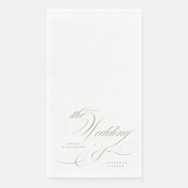 Formal Elegant Calligraphy Sage Green Wedding Paper Guest Towels (Front)