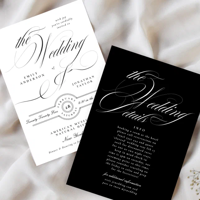 Formal Elegant Calligraphy Wedding | Details Back Invitation | Zazzle