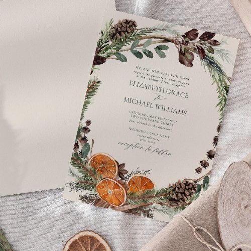 Formal Elegant Citrus Boho Greenery Winter Wedding Invitation