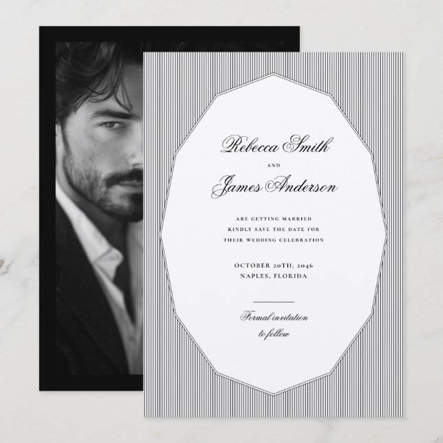 Formal Elegant Classic Black Stripes Photo Wedding Save The Date (Front/Back)