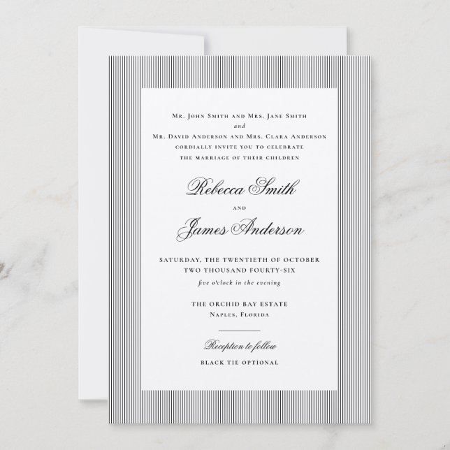 Formal Elegant Classic Black Stripes Wedding Invitation (Front)