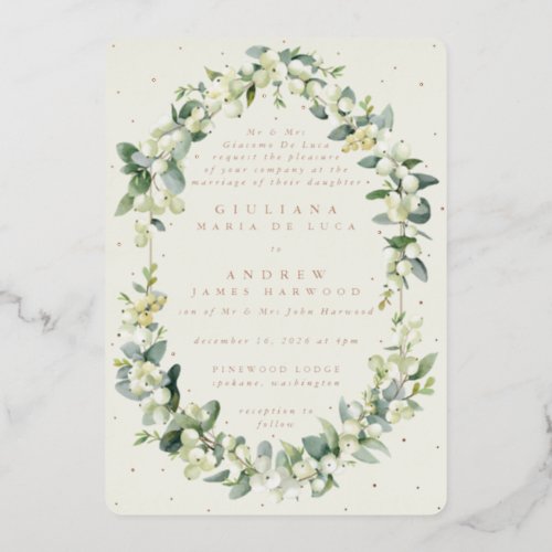 Formal Elegant Cream SnowberryEucalyptus Wedding Foil Invitation