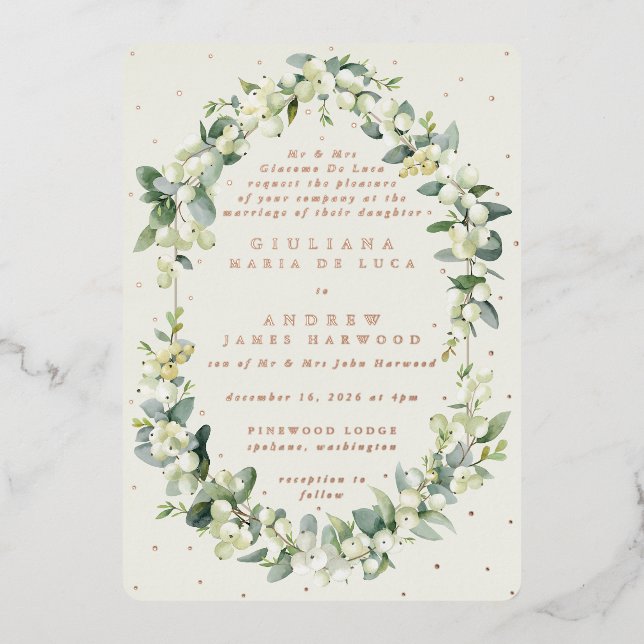 Formal Elegant Cream Snowberry+Eucalyptus Wedding Foil Invitation (Front)
