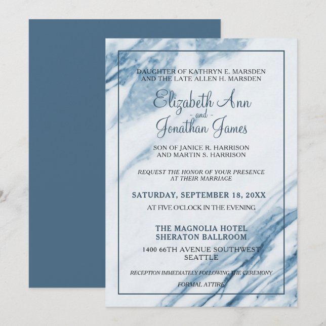 Formal Elegant Dusty Blue Marble Wedding Invitation (Front/Back)
