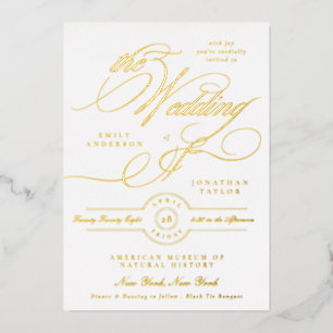 Formal Elegant Gold Calligraphy Black Tie Wedding Foil Invitation