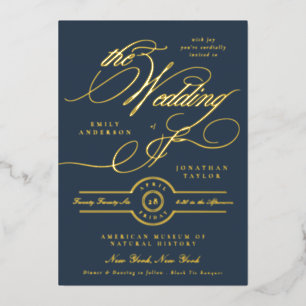 Formal Elegant Gold Calligraphy Navy Blue Wedding Foil Invitation