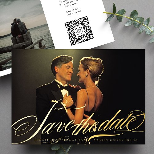 Formal Elegant Gold Calligraphy QR Code Photo Foil Invitation