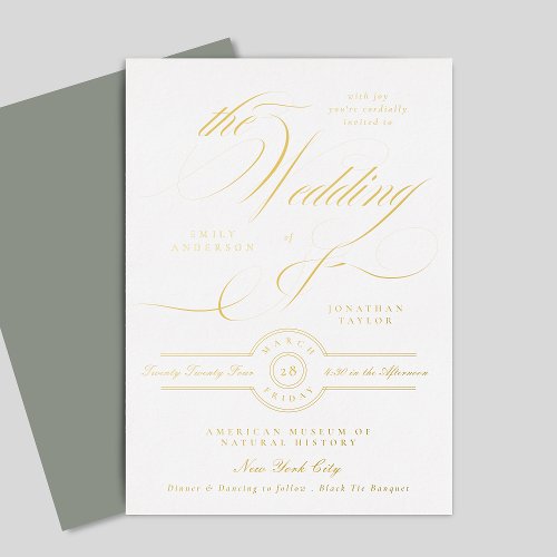 Formal Elegant Gold Calligraphy Sage White Wedding Foil Invitation