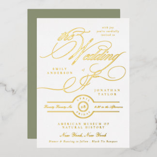 Formal Elegant Gold Calligraphy Sage White Wedding Foil Invitation