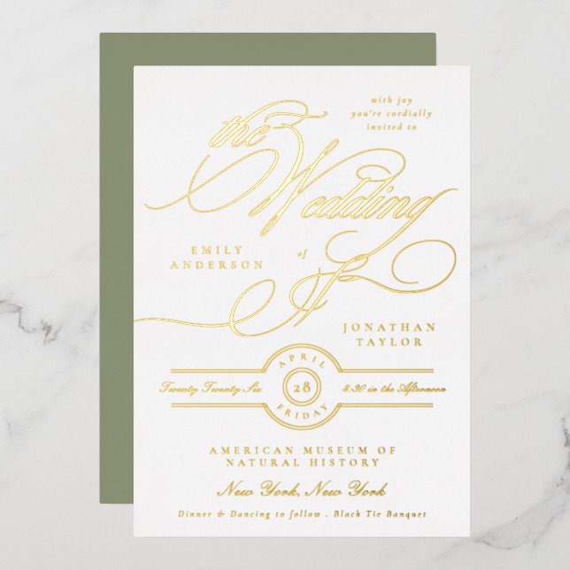 Formal Elegant Gold Calligraphy Sage White Wedding Foil Invitation (Front/Back)