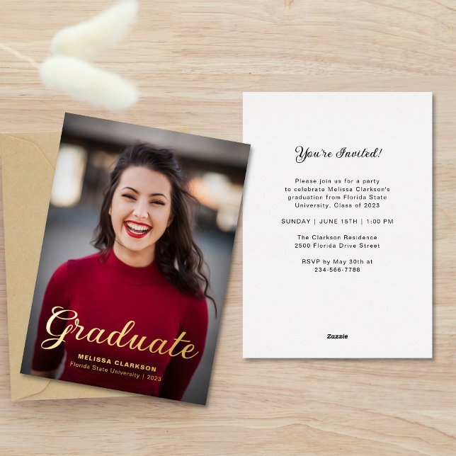 Formal Elegant Gold Script Photo Graduation Foil Invitation (Creator Uploaded)