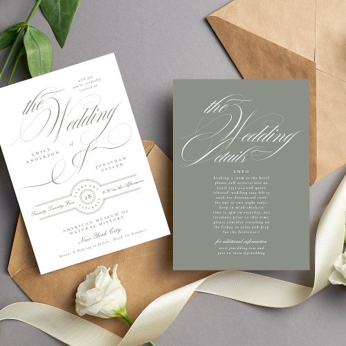 Formal Elegant Gray Green Wedding  Details Back Invitation