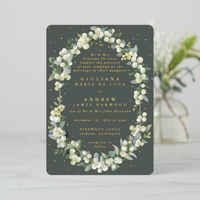 Formal Elegant Green Snowberry+Eucalyptus Wedding Foil Invitation (Standing Front)