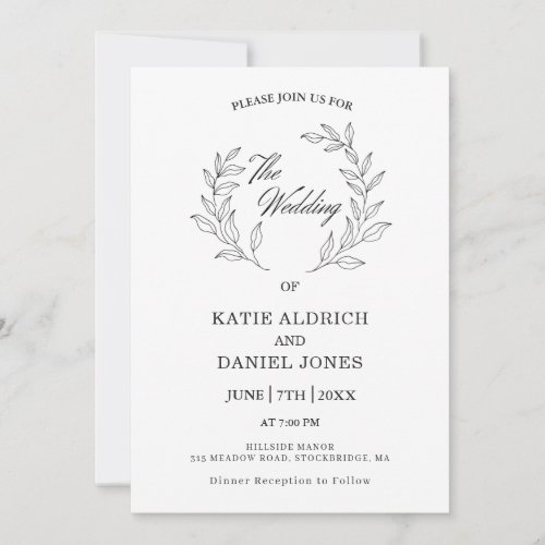 Formal Elegant Leaves Black White QR Code Wedding Invitation