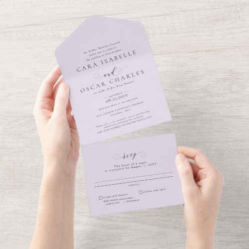 Formal elegant lilac purple classic wedding all in one invitation