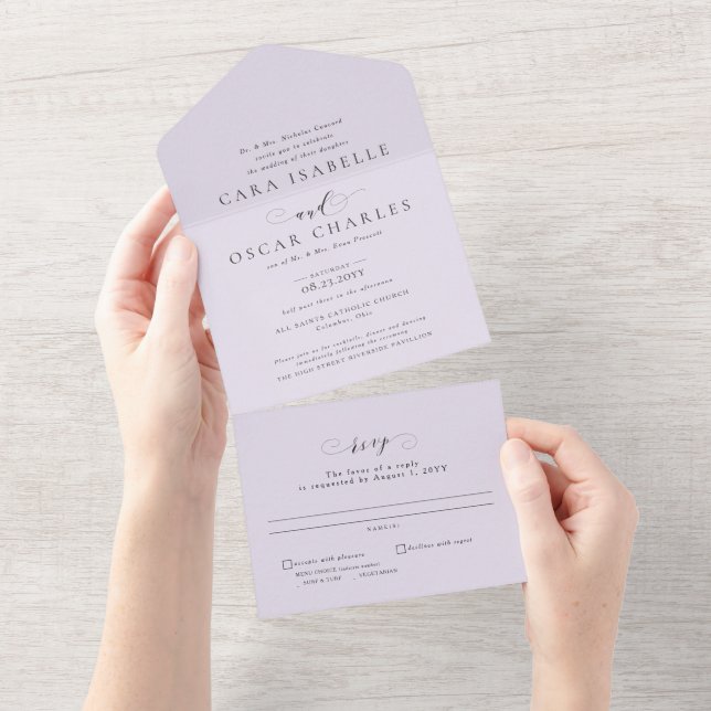 Formal elegant lilac purple classic wedding all in one invitation (Tearaway)