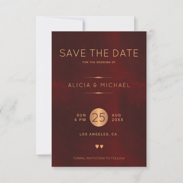 Formal elegant luxury burgundy gold wedding save the date (Front)