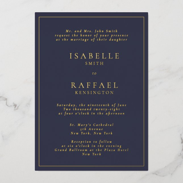 Formal Elegant Navy Blue Multiple Location Wedding Foil Invitation (Front)