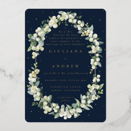 Formal Elegant Navy SnowberryEucalyptus Wedding Foil Invitation
