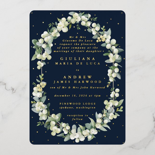 Formal Elegant Navy Snowberry+Eucalyptus Wedding Foil Invitation (Front)