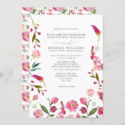 Formal Elegant Pink Watercolor Flowers Wedding Invitation