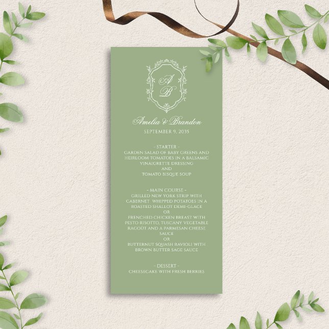 Formal Elegant Sage Green Monogram Crest Wedding Menu (Creator Uploaded)