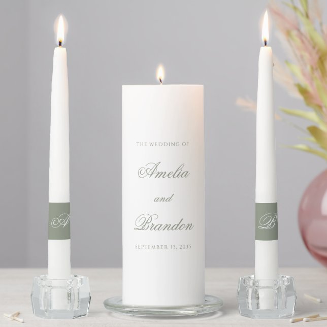 Formal Elegant Sage Green Monogram Script Wedding Unity Candle Set (In Situ)