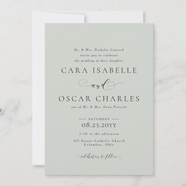 Formal elegant sage green wedding invitation (Front)