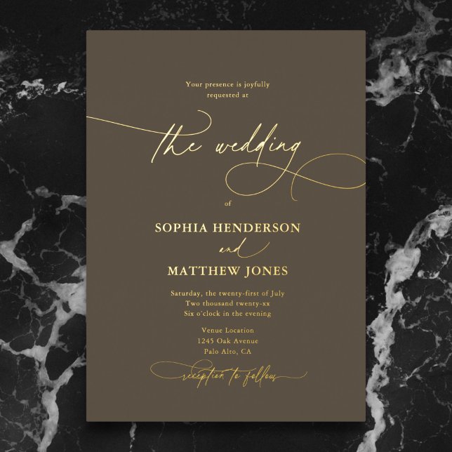 Formal Elegant Script Boho Brown Wedding Foil Invitation (Creator Uploaded)