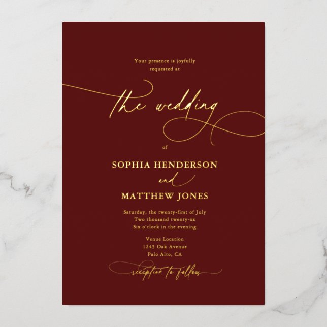 Formal Elegant Script Burgundy Wedding Foil Invitation (Front)