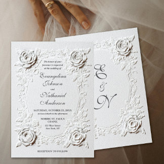 Formal Elegant Script Faux Embossed Roses Wedding  Invitation