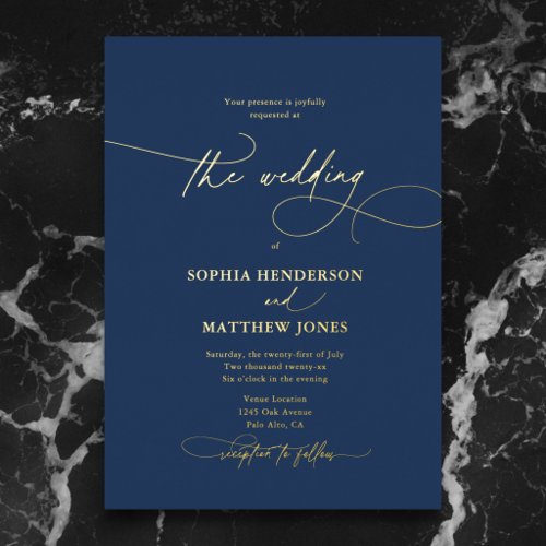 Formal Elegant Script Navy Blue Wedding Foil Invitation