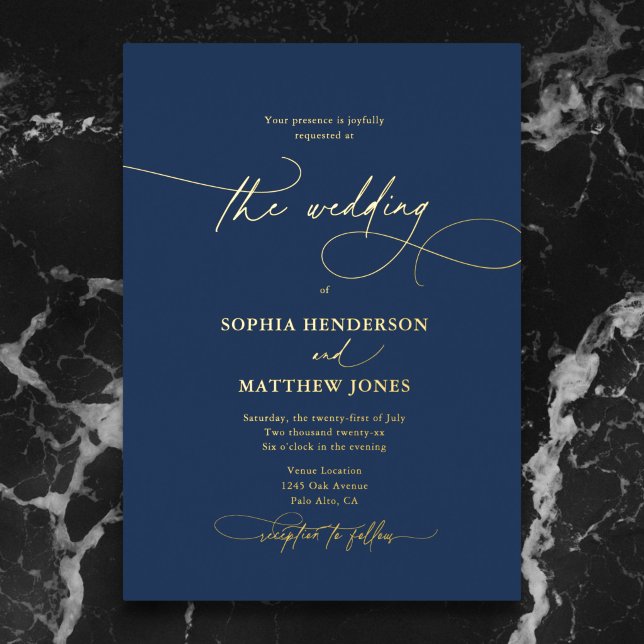 Formal Elegant Script Navy Blue Wedding Foil Invitation (Creator Uploaded)