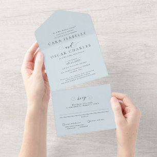 Formal elegant sky blue classic wedding all in one invitation