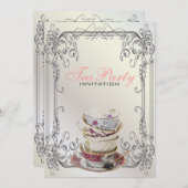 Formal elegant swirls  White vintage tea party Invitation (Front/Back)