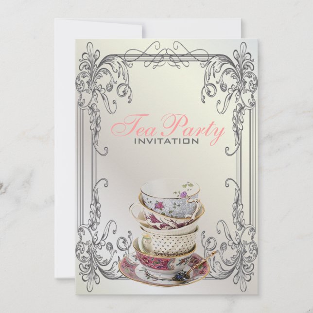 Formal elegant swirls  White vintage tea party Invitation (Front)