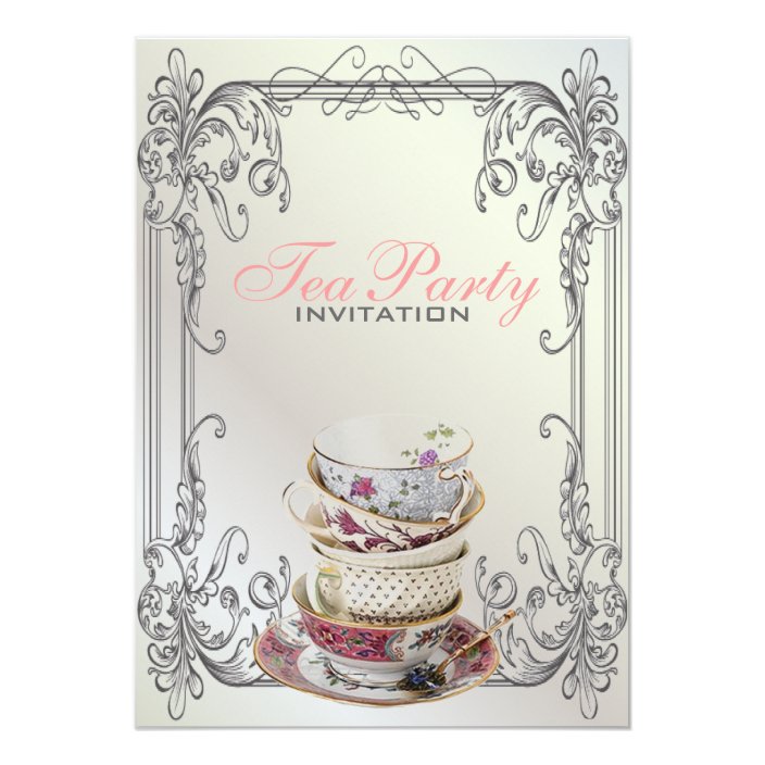 Formal Elegant Swirls White Vintage Tea Party Invitation Zazzle White Vintage Tea Party Invitation