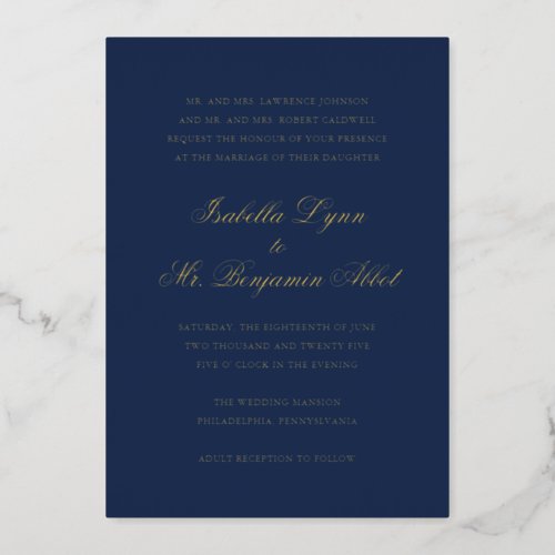 Formal Elegant Traditional Gold Navy Blue Wedding Foil Invitation