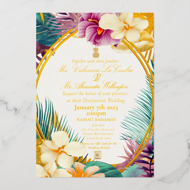 Formal Elegant Tropical Themed Destination Wedding Foil Invitation (Front)